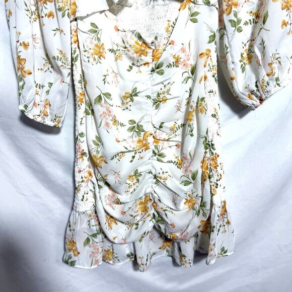 ACOA Smocked Off Shoulder Ruched Ruffle Floral Mini Babydoll Dress Sz Small - Picture 5 of 7